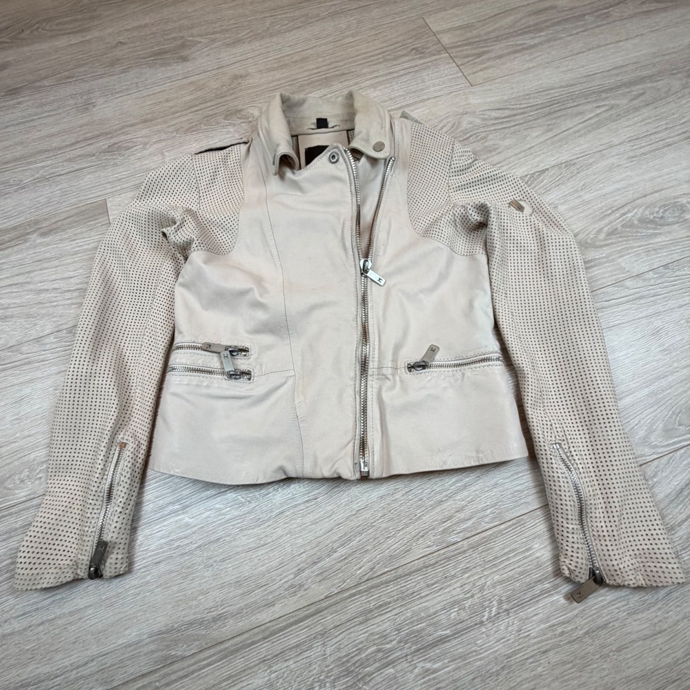 Mauritius Womens Cream 100% Lamb Leather Perforated Moto Biker‎ Jacket Size XS